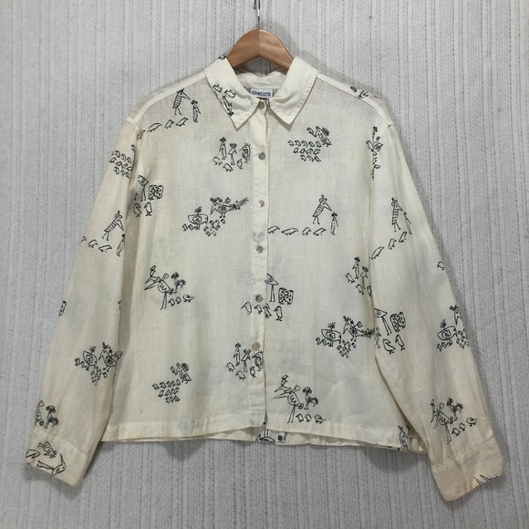 Chico's Linen Button Down Top Long Sleeve‎ Abstract Print Shirt Size 2 - Picture 3 of 8